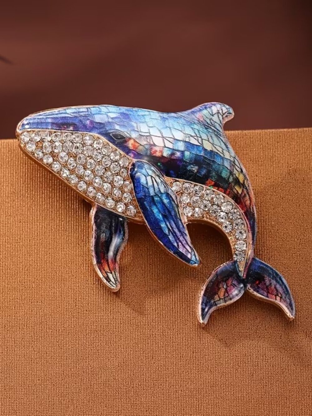 Blue Whale Brooch Pin Rhinestone Crystal Enamel Statement Animal - Picture 3 of 7